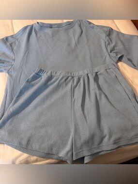 Amazon Women Light Blue Waffle-Knit Loungewear Set
